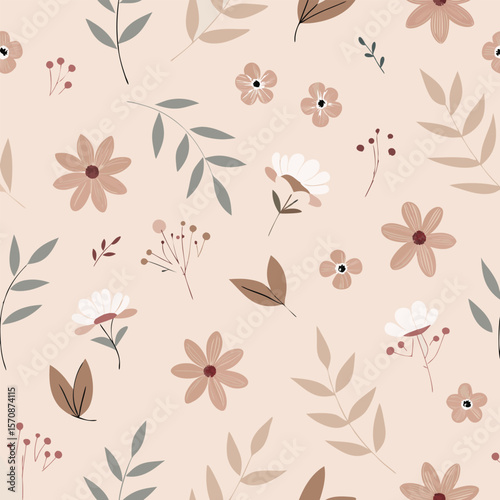 Elegant minimal floral pattern featuring delicate flowers and leafy branches in muted earth tones for design purposes