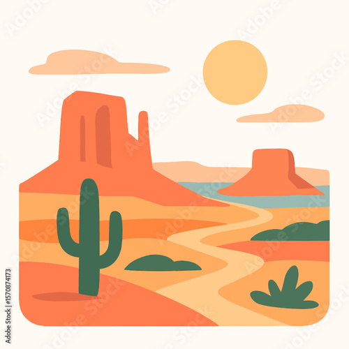 Sunny Desert Landscape With Cactus And Buttes