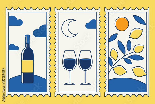 Wine Tasting Series Five Vertical Illustrations of Wine, Glasses, and Lemons