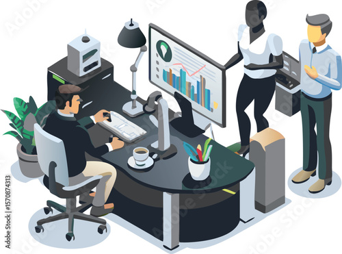 Isometric office scene depicting three professionals collaborating around a desk with computer
