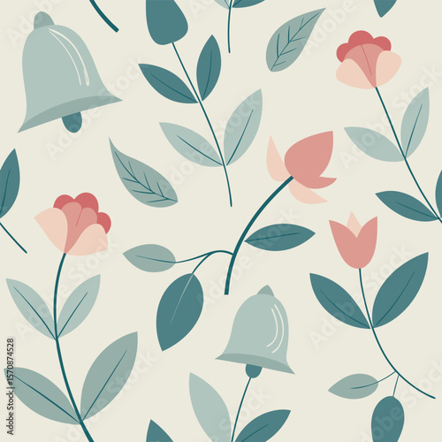 Elegant minimal floral pattern with bells and flowers in soft muted colors seamless design