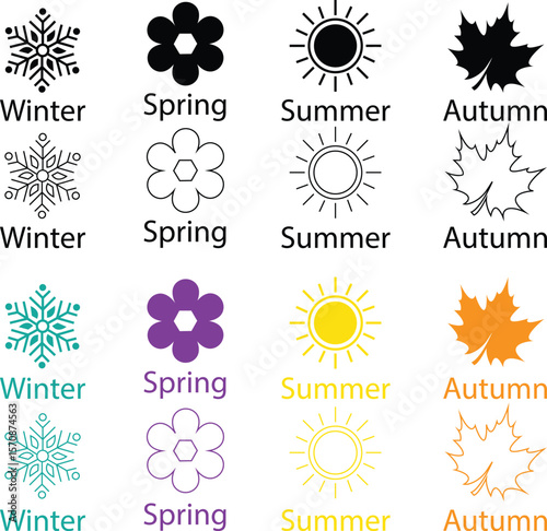 Four seasons icons set. Winter, spring, summer and autumn. Weather forecast signs. Snowflake, flower, leaf and sun vectors black and colorful flat and line designs isolated on transparent background..
