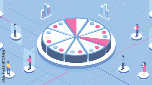 Isometric illustration of data analysis platforms with people and data visualizations shown on them