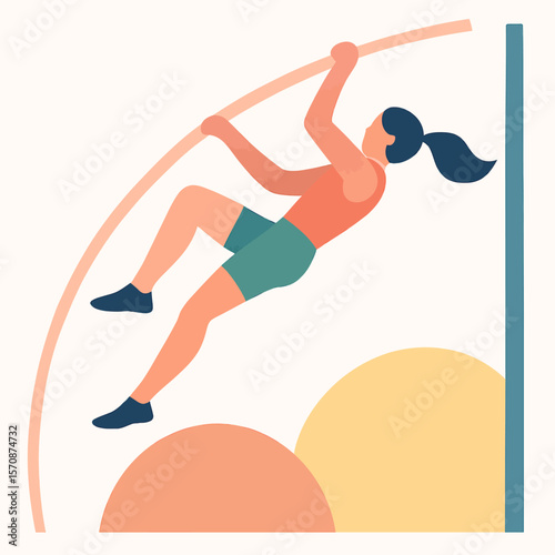 Female Athlete Pole Vaults Over Colorful Shapes