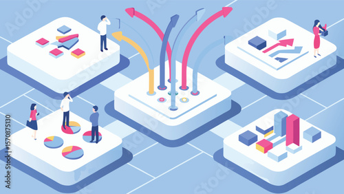 Isometric office scene depicting data analysis with rising bar graph and upward trend line shown on screen