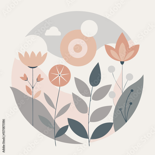 Minimalist floral design featuring flowers and leaves in a soft color palette perfect for modern decor