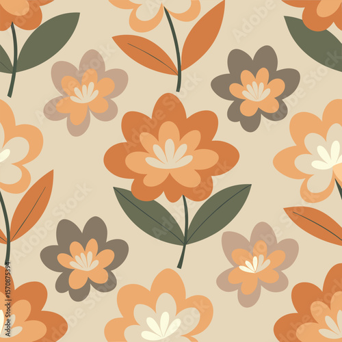 Seamless minimal floral pattern with a repeating design featuring stylized flowers and leaves in earthy hues