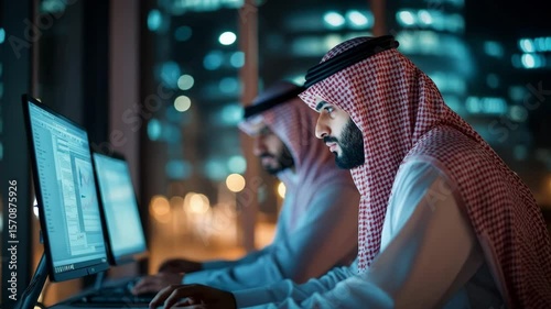 Two arab software engineers working together on a computer in a dark office at night