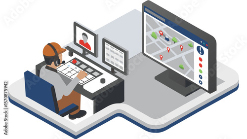 Person in control room monitoring map and video feeds with multiple computer screens at a desk setup