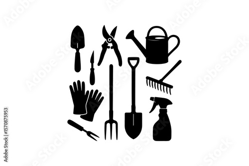Black Garden Hand Tool Silhouettes Vector Bundle