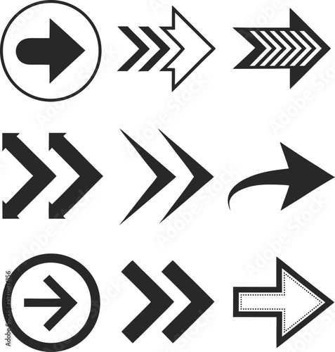 Collection of nine distinct black arrow icons on a white background