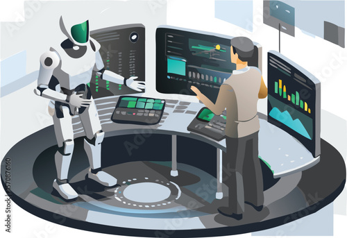 Robot and human working together at a futuristic control panel with multiple screens showing data