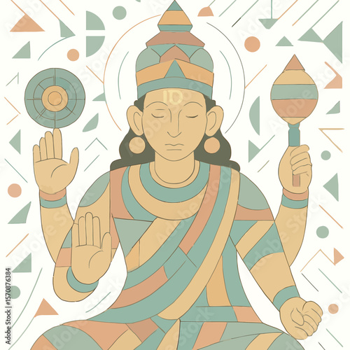 Geometric Indian Deity With Sacred Symbols