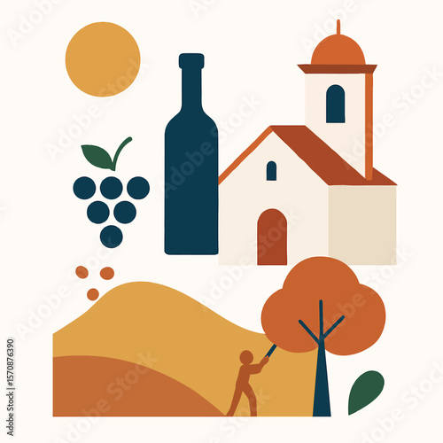 Wine Country Harvest With Vineyard And Church