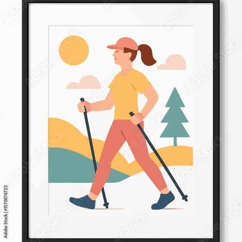 Nordic Walking Woman Enjoying Sunny Outdoor Landscape