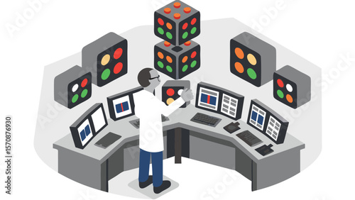 Scientist in control room with monitors and stacked color light boxes at a gray control panel table
