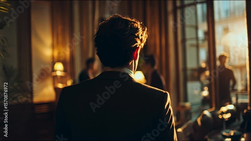 Wallpaper Mural A man in a suit walks slowly forward, watching the proceedings in the hall, bathed in the soft golden light of the setting sun. Torontodigital.ca