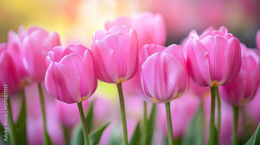 Fototapeta premium Stunning Pink Tulips in a Vibrant Spring Garden, Bathed in Soft Daylight, Nature s Floral Delight