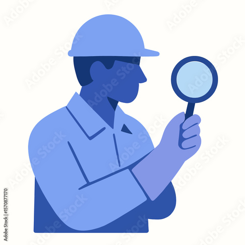 Inspector In Safety Helmet Holding Magnifying Glass