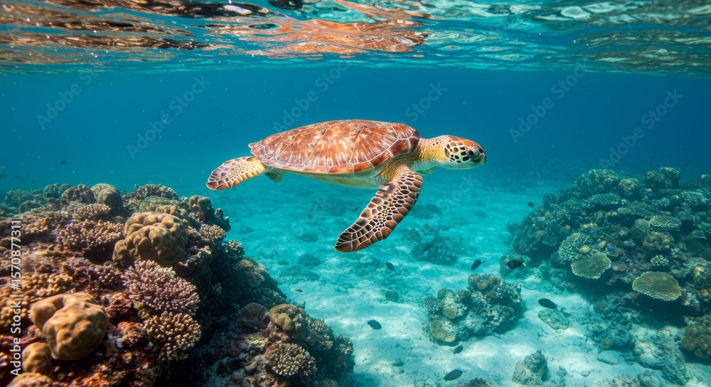 Fototapeta premium Majestic Sea Turtle Gracefully Swimming in Vibrant Coral Reef