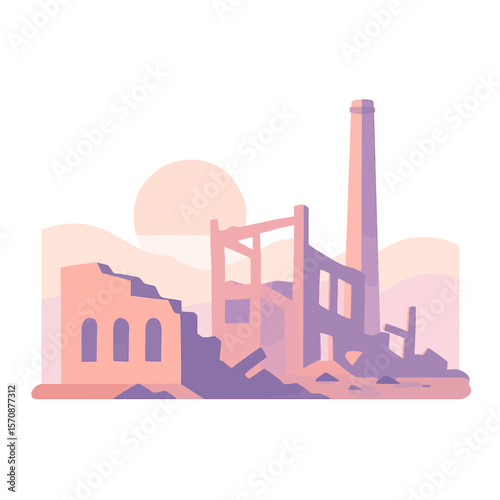 Abandoned Factory Ruins At Sunset