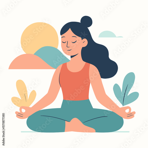 Peaceful Woman Meditating Outdoors At Sunrise