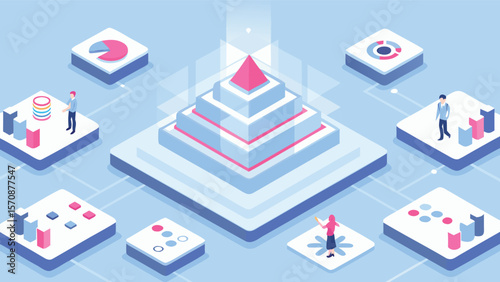 Isometric view of a business office with an upward trending graph and employees at desks