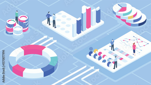 Isometric view of data analysis and visualization with charts and people in a business setting