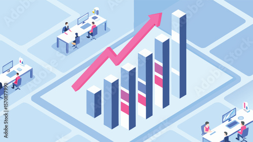 Isometric illustration of business data analysis with graphs charts and people working together