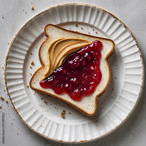 A classic PB&J sandwich cut in halves oozes comfort and nostalgia on a softly aged white plate.