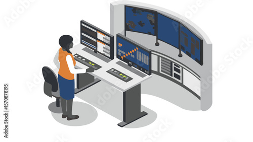 Isometric view of a woman working at a control panel with multiple screens and data displays