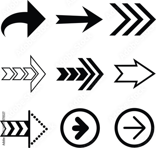 Collection of nine distinct black arrow icons on a white background