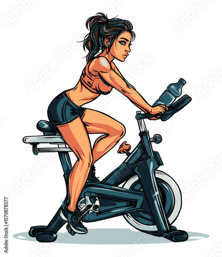 Dynamic Woman on Exercise Bike in Vibrant Vector Art Style