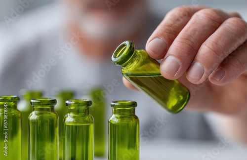 Doctor organizes green glass vials to illustrate project progression in healthcare collaboration