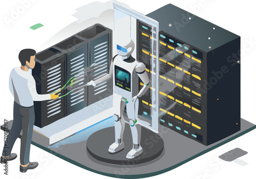 Isometric view of a server room with a technician interacting with a robot near server racks
