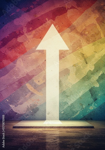 A solitary white arrow pointing upwards against a vibrant textured wall with a spectrum of colors and diagonal lines symbolizing progress and growth