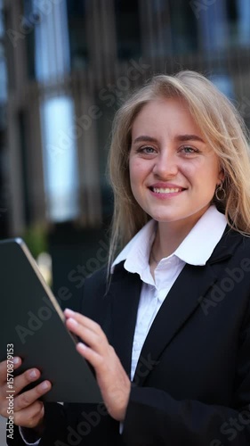 Portrait businesswoman outside uses her tablet, blending nature with modern architecture.