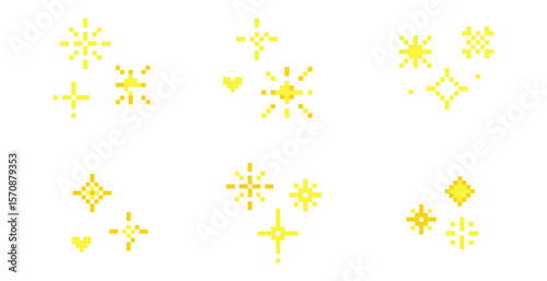 8 bit pixel sparkle icons in retro style stars and crystals for games UI retro designs or web Minimalist 90s Y2K pixel star collection.Firework burst, space decoration. 
