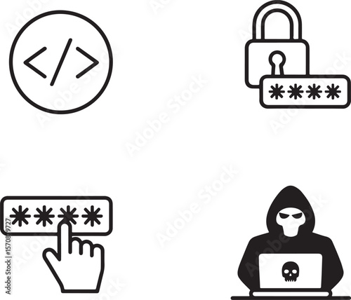 Cyber Security Threat Protection and Computer Hacking Icon Set Representing Data Encryption, Hacker Attacks, and Password Protection for Website Design Elements