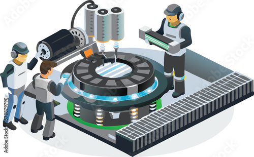 Isometric view of workers inspecting a futuristic machine with cylindrical components and circular platform