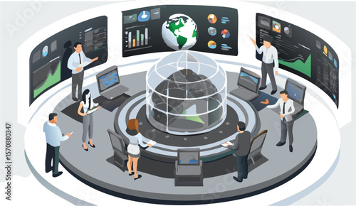 Isometric view of a business meeting in a modern control room with data displays and a globe