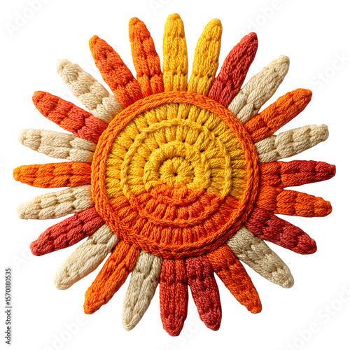 Bright crochet sun motif with yellow and orange yarn rays, playful children?s d?cor design, isolated transparent background styled for baby shower