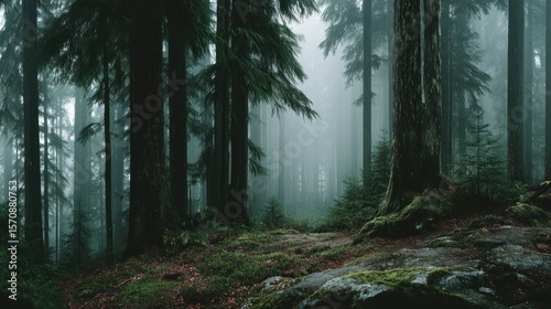Forest Misty, dense evergreen forest, mossy ground cover