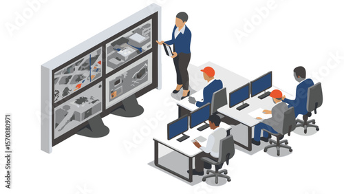 A training session with an instructor explaining surveillance footage on a large monitor to students