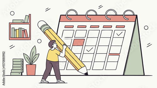 Businessman marking a calendar with a giant pencil under a desk lamp, representing schedule planning, time management, deadlines, and productivity.