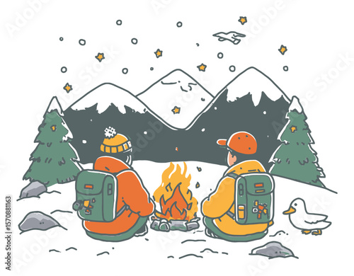 Two Friends by Campfire with Snowman in Winter Landscape Illustration