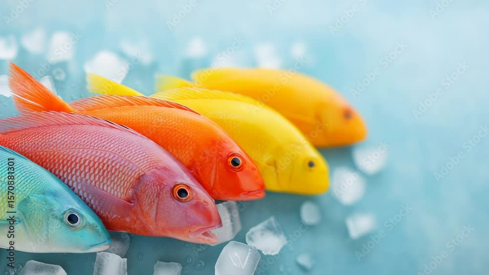 Row of colorful fish are displayed on a blue background with ice. The fish are arranged in a rainbow pattern, with the blue fish on the left and the yellow fish on the right