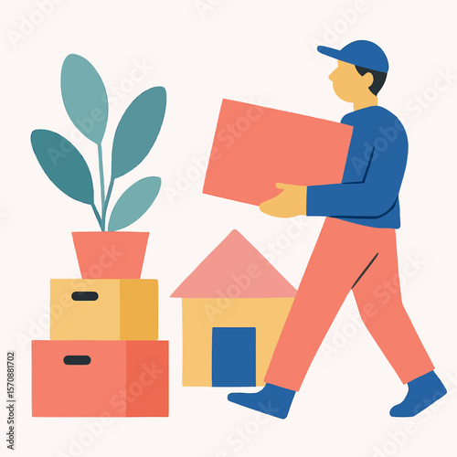 Man Carrying Moving Boxes And Houseplant