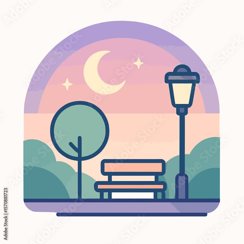 Peaceful Park Bench Under Crescent Moon