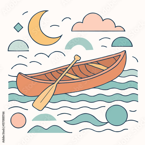 Wooden Rowboat Floating Under Crescent Moon